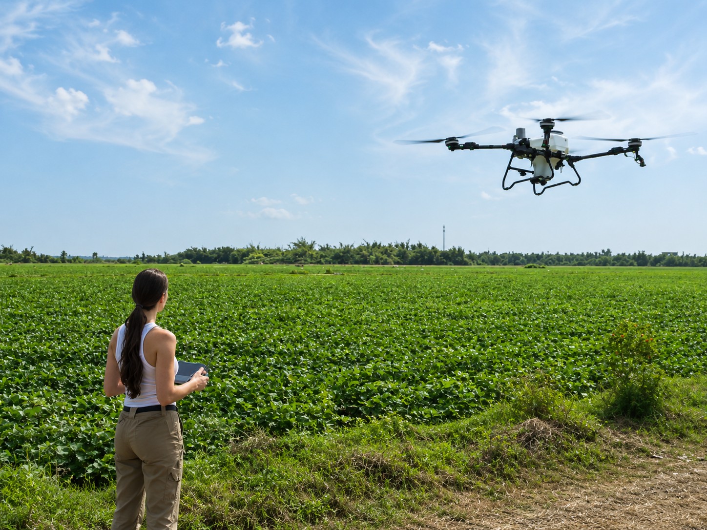 Operadora comandando o drone agrícola em lavoura de soja