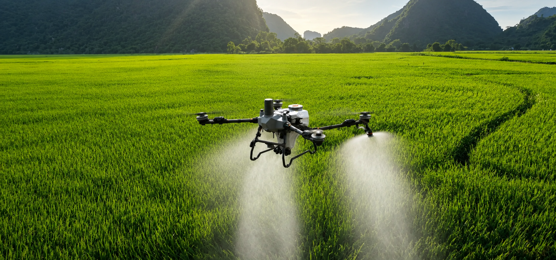 Drone DJI Agras T55 pulverizando uma lavoura de arroz vista de cima