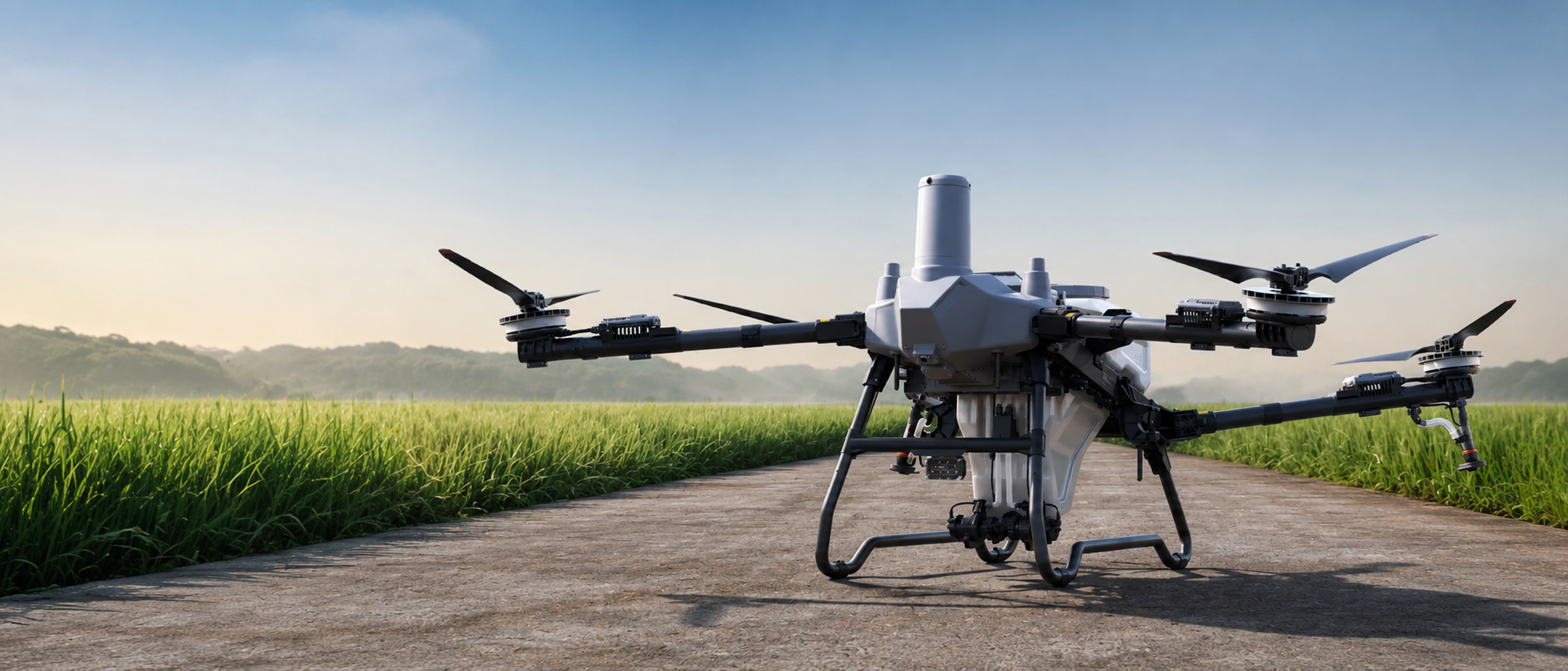DJI Agras T55 pousado em estrada de terra ao lado da lavoura